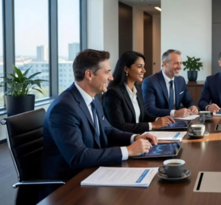 Audit team discussing financial statements around a boardroom table