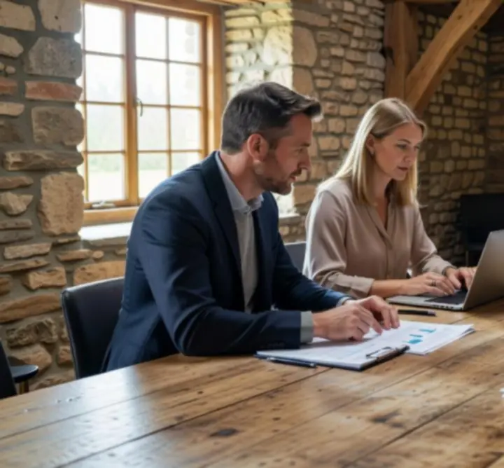 Audit team reviewing financial reports around a meeting table