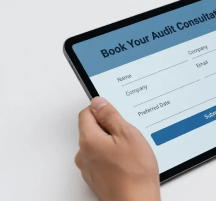 Tablet displaying an online audit consultation booking screen