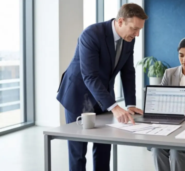Accountant reviewing bookkeeping records on a laptop in a professional office