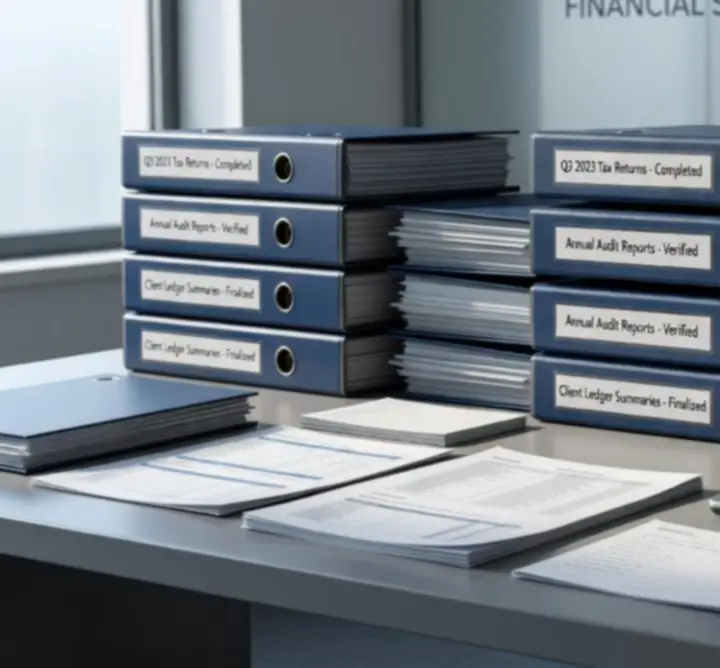 Organised accounting files representing completed client projects