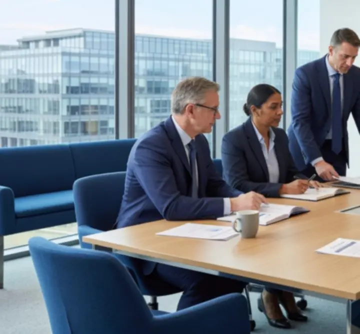Accountants discussing financial reports in a modern UK office