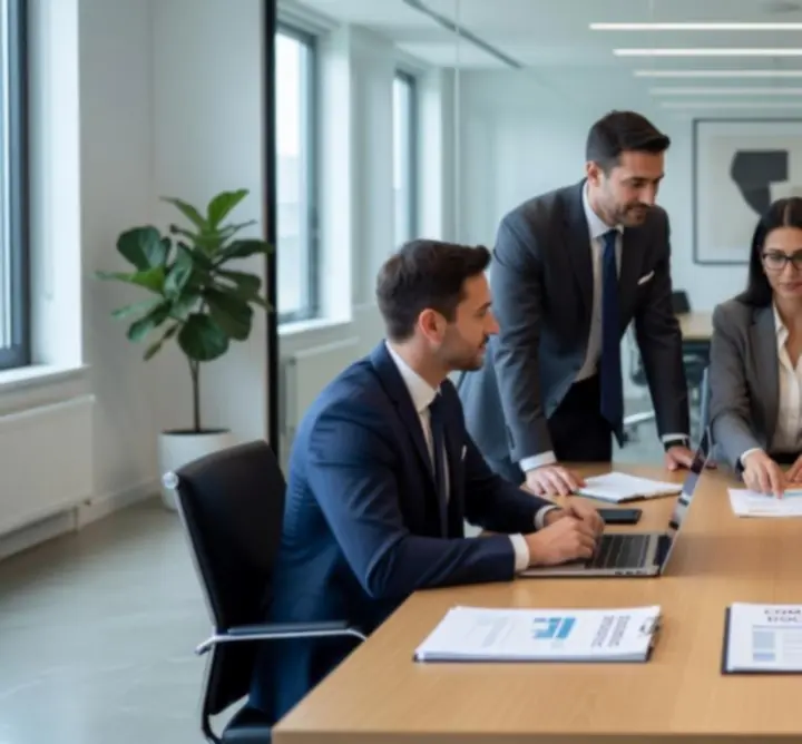 Workspace scene showing an audit discussion and review of financial documents