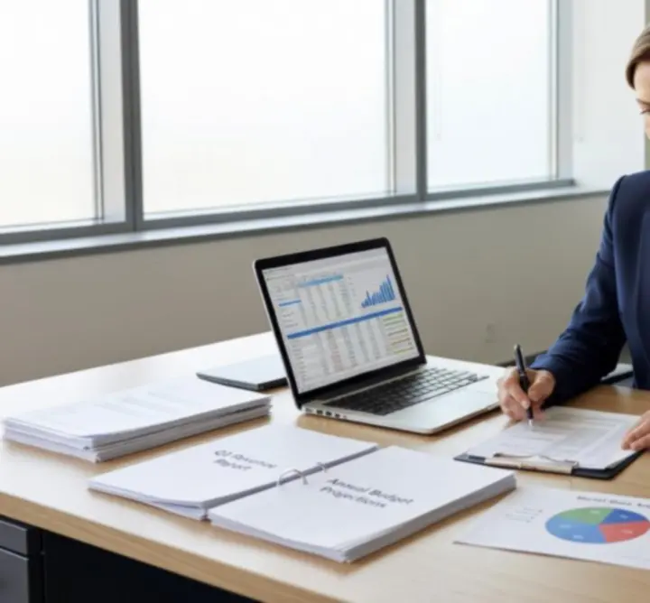 Financial reports and balance sheets laid out on a professional workspace